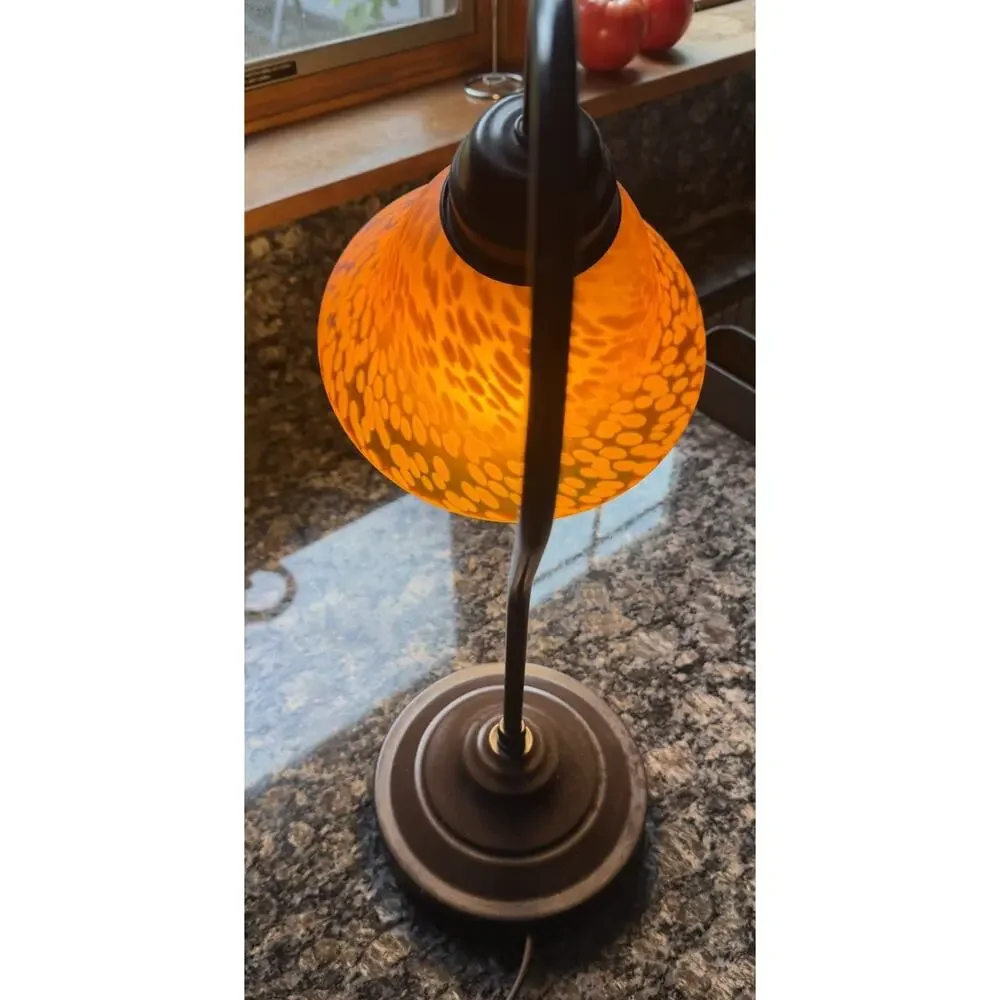 Vintage 1990’s Gooseneck Table Lamp Gold Speckled Art Glass Shade MCM Style